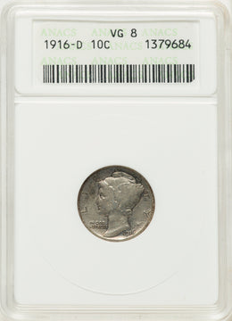 1916-D 10C Mercury Dime ANACS VG8