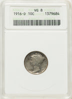1916-D 10C Mercury Dime ANACS VG8