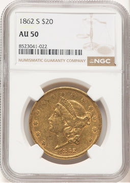 1862-S $20 Liberty Double Eagle NGC AU50 (507252020)