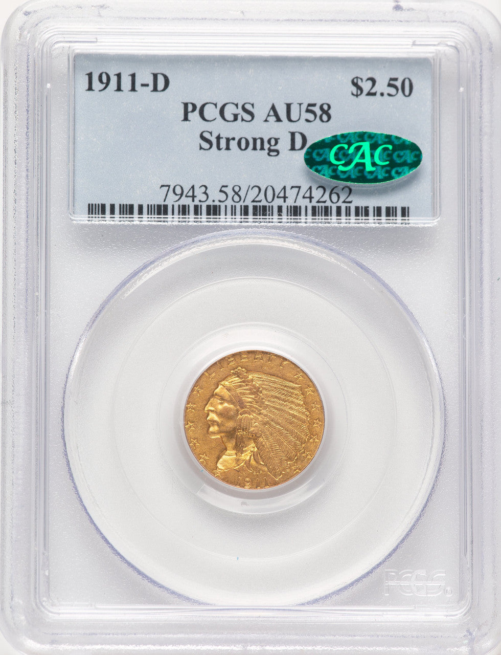 1911-D $2.50 CAC Indian Quarter Eagle PCGS AU58