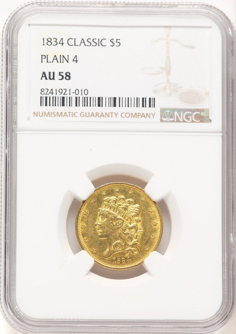 1834 $5 PLAIN 4 Classic Half Eagle NGC AU58 (507394030)