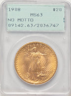 1908 $20 NO MOTTO Saint-Gaudens Double Eagle PCGS MS63 (507423010)