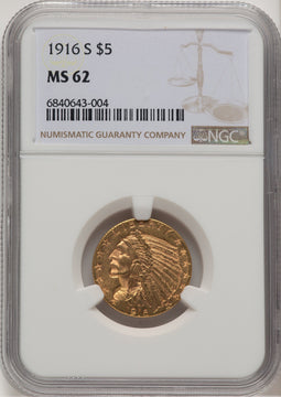 1916-S $5 Indian Half Eagle NGC MS62 (507448001)