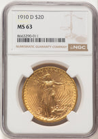 1910-D $20 Saint-Gaudens Double Eagle NGC MS63