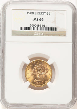 1908 $5 Liberty Liberty Half Eagle NGC MS66 (507604001)