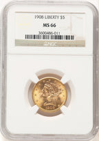 1908 $5 Liberty Liberty Half Eagle NGC MS66 (507604001)