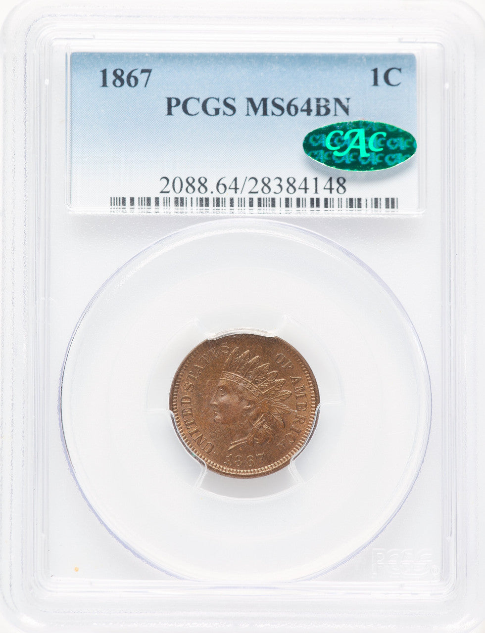 1867 1C BN CAC Indian Cent PCGS MS64