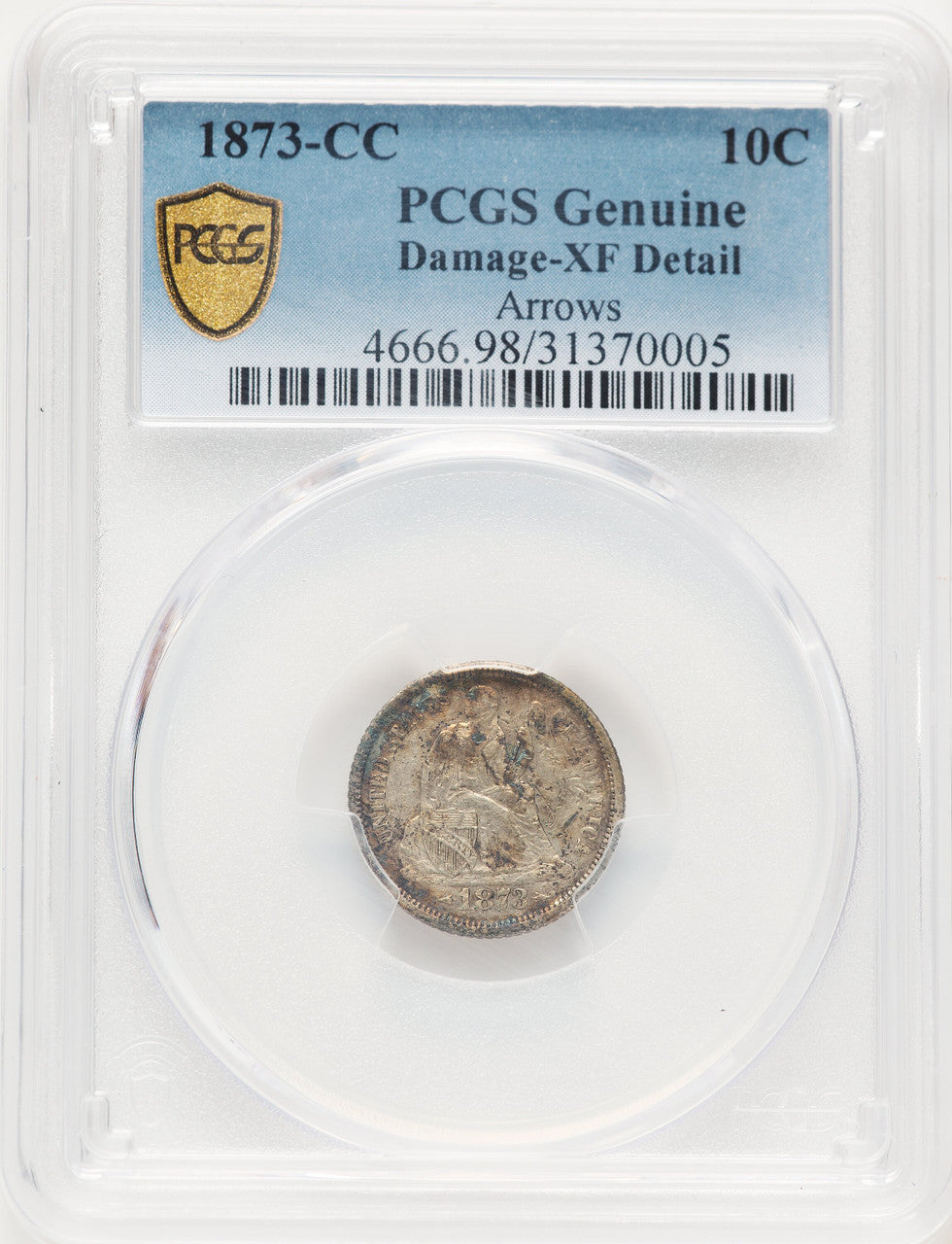 1873-CC 10C ARROWS Genuine Seated Dime Genuine PCGS XF40