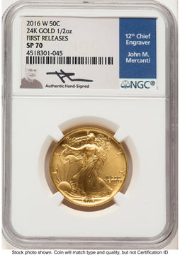 2016-W 50C Walking Liberty 100th Anniversary Gold Centennial FR John Blue NGC MS70 Mercanti