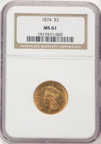 1874 $3 Three Dollar Gold Pieces NGC MS61