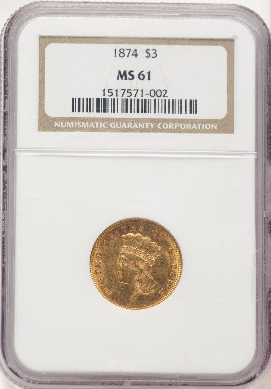 1874 $3 Three Dollar Gold Pieces NGC MS61