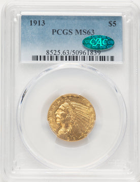 1913 $5 CAC Indian Half Eagle PCGS MS63