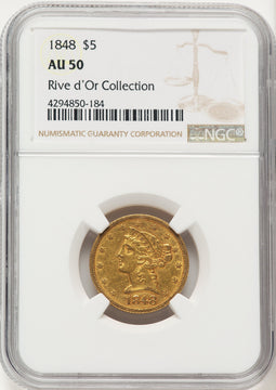 1848 $5 Liberty Half Eagle NGC AU50