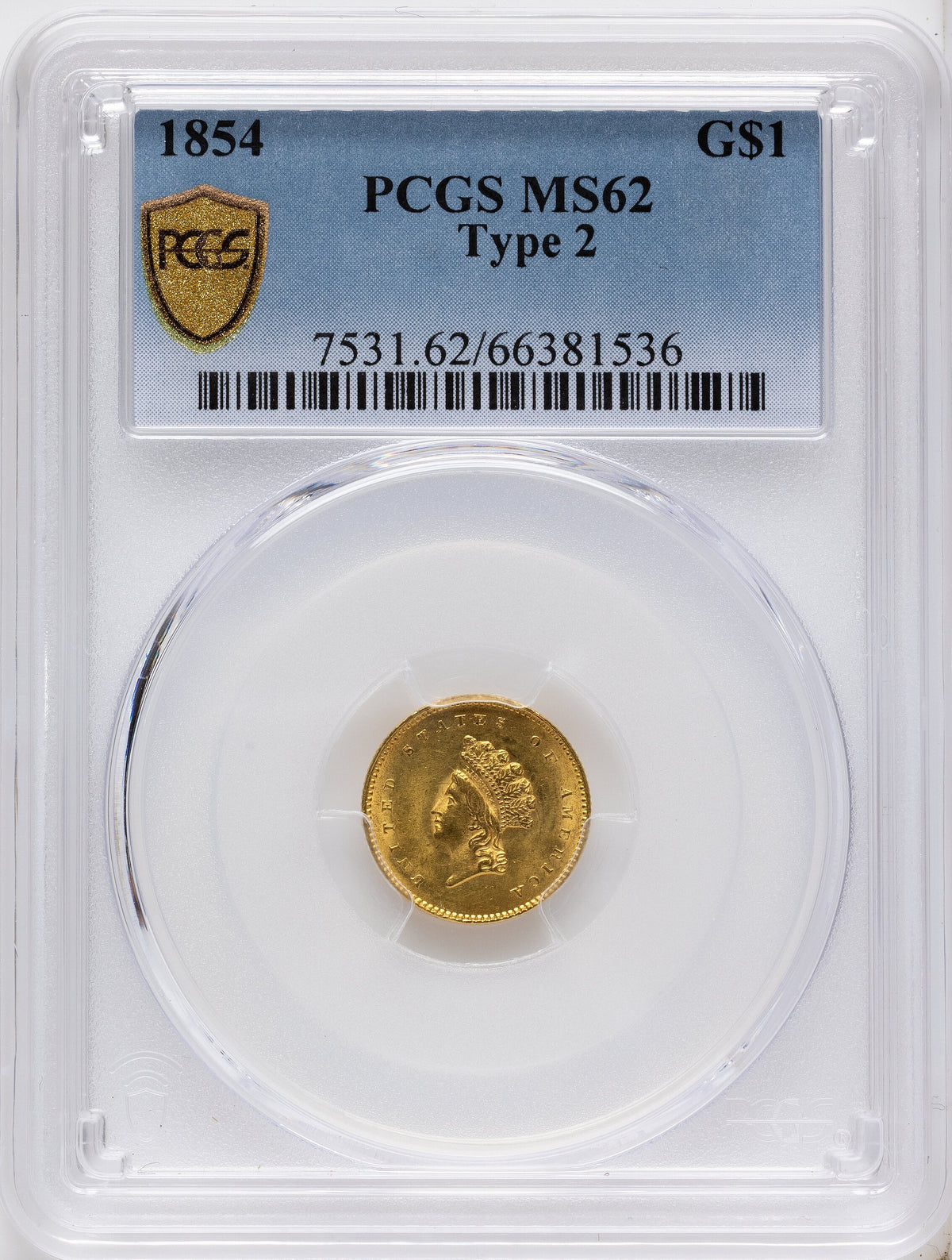 1854 G$1 Type Two Gold Dollar PCGS MS62