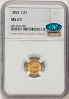 1853 G$1 CAC Gold Dollar NGC MS64