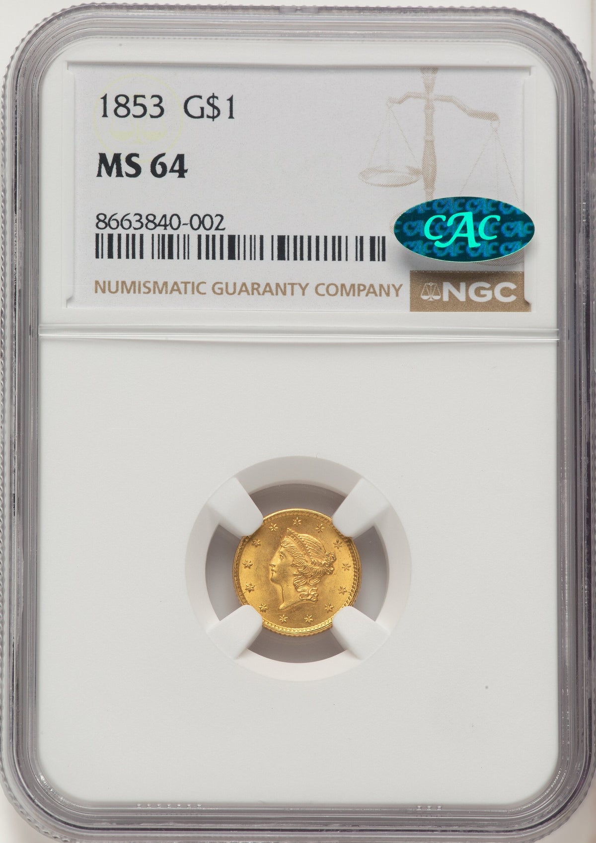 1853 G$1 CAC Gold Dollar NGC MS64