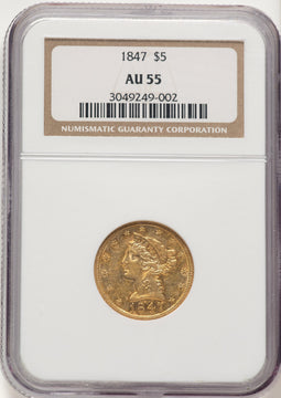 1847 $5 Liberty Half Eagle NGC AU55