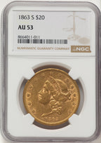 1863-S $20 Liberty Double Eagle NGC AU53