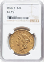 1853/2 $20 Liberty Double Eagle NGC AU53