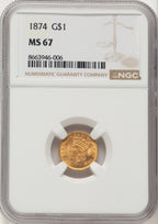 1874 G$1 Gold Dollar NGC MS67