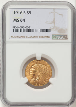 1916-S $5 Indian Half Eagle NGC MS64