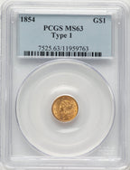 1854 G$1 T-1 Gold Dollar PCGS MS63