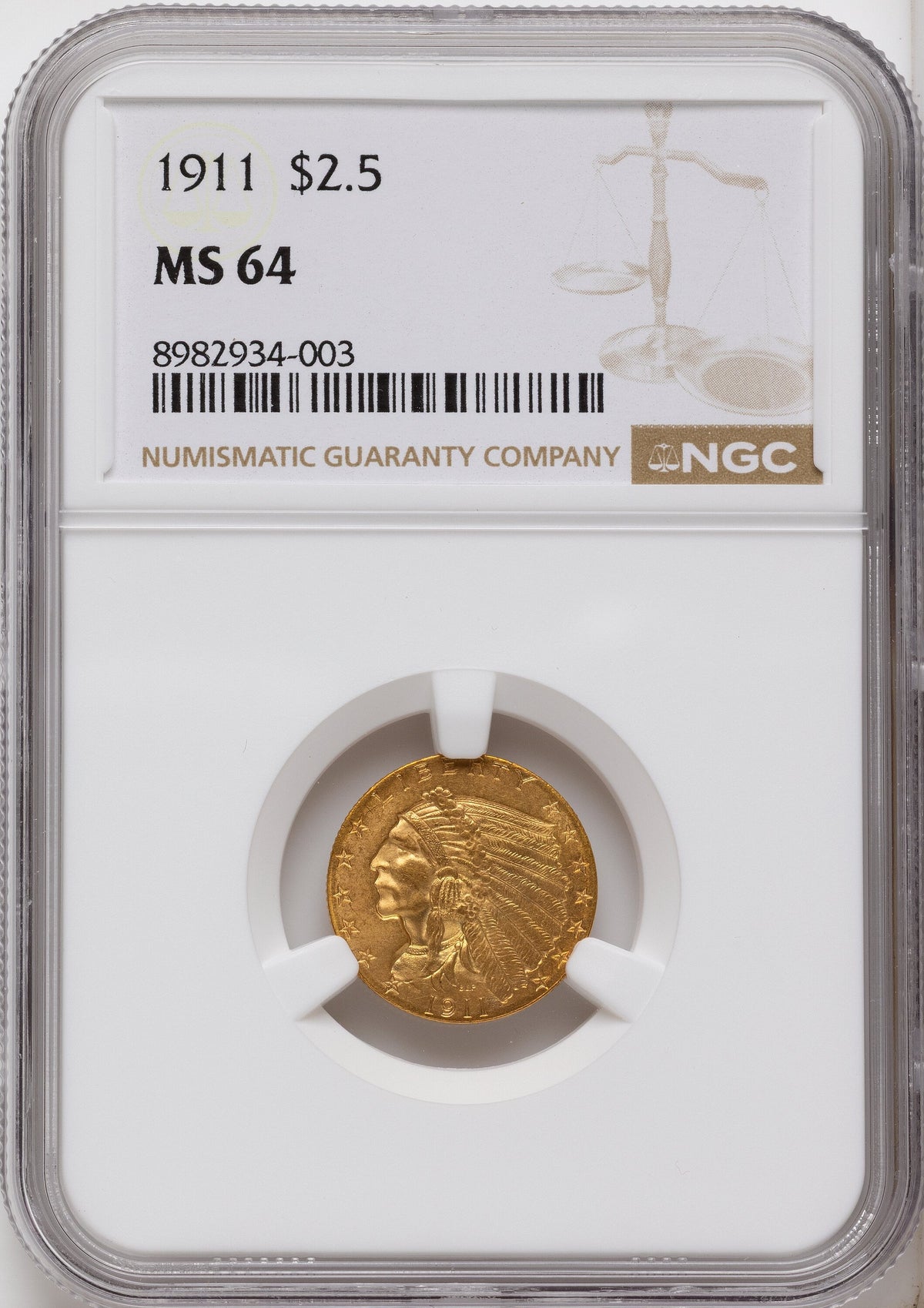 1911 $2.50 Indian Quarter Eagle NGC MS64