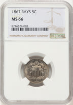 1867 5C RAYS Shield Nickel NGC MS66