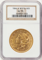 1866-S $20 MOTTO Liberty Double Eagle NGC AU55