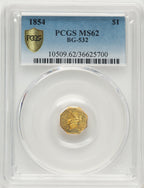 1854 Liberty Octagonal 1 Dollar BG-532 Low R.4 California Fractional Gold PCGS MS62