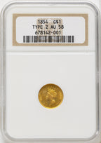 1854 G$1 Type Two Gold Dollar NGC AU58