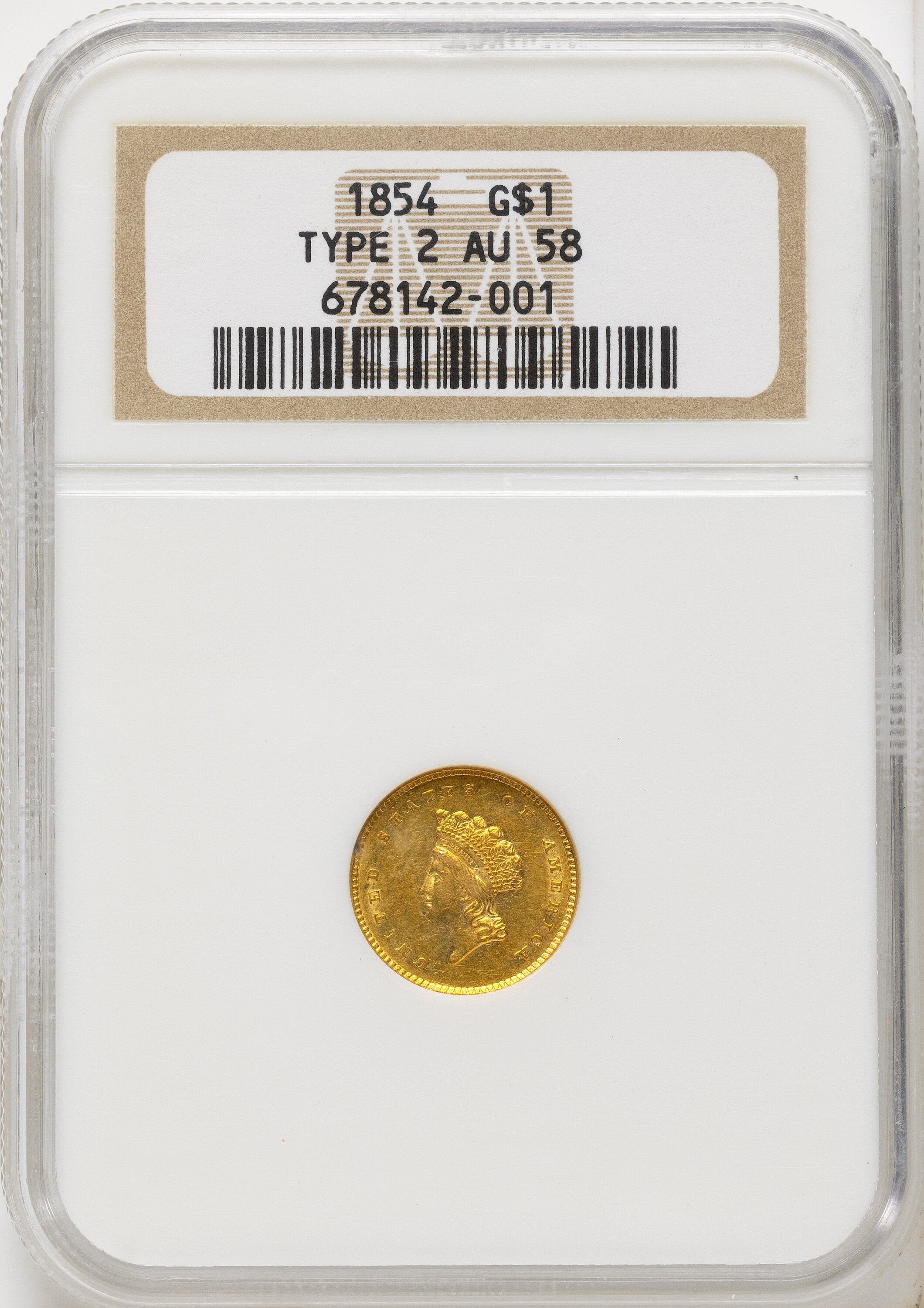 1854 G$1 Type Two Gold Dollar NGC AU58