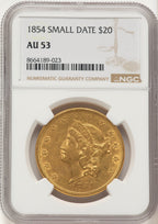 1854 $20 Small Date Liberty Double Eagle NGC AU53