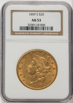 1859-S $20 Liberty Double Eagle NGC AU53