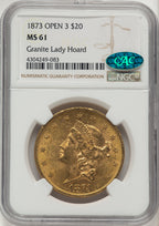 1873 $20 OPEN 3 CAC Liberty Double Eagle NGC MS61