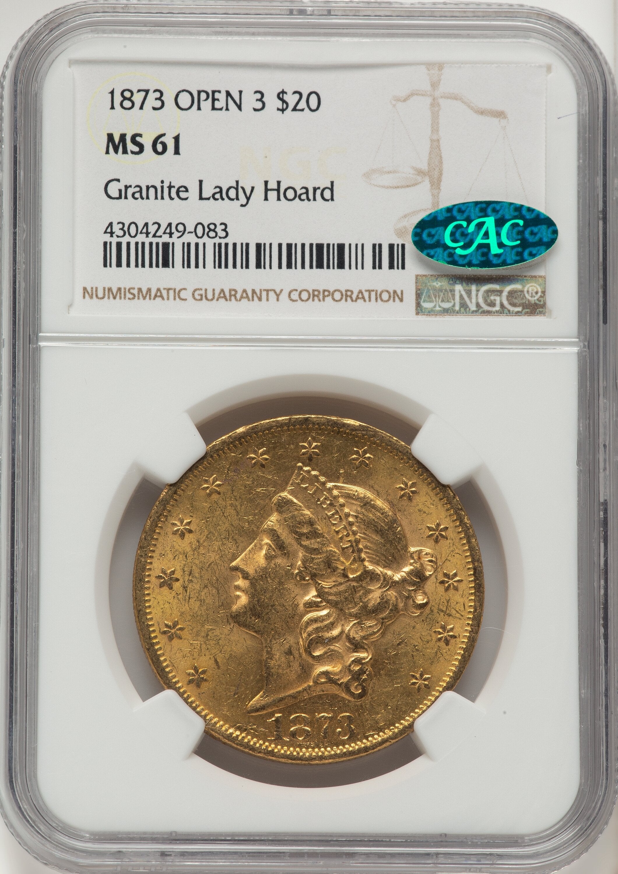 1873 $20 OPEN 3 CAC Liberty Double Eagle NGC MS61