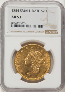 1854 $20 Small Date Liberty Double Eagle NGC AU53