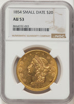 1854 $20 Small Date Liberty Double Eagle NGC AU53