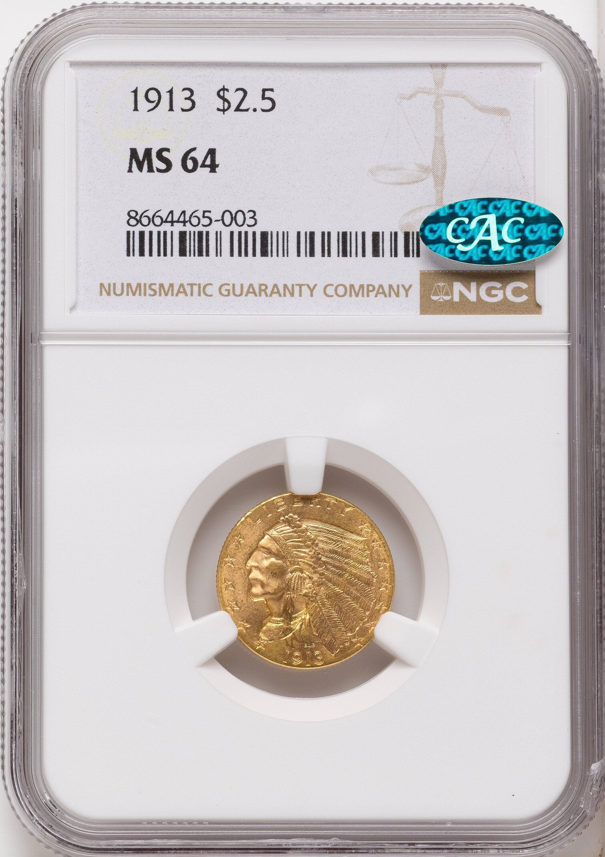 1913 $2.50 CAC Indian Quarter Eagle NGC MS64