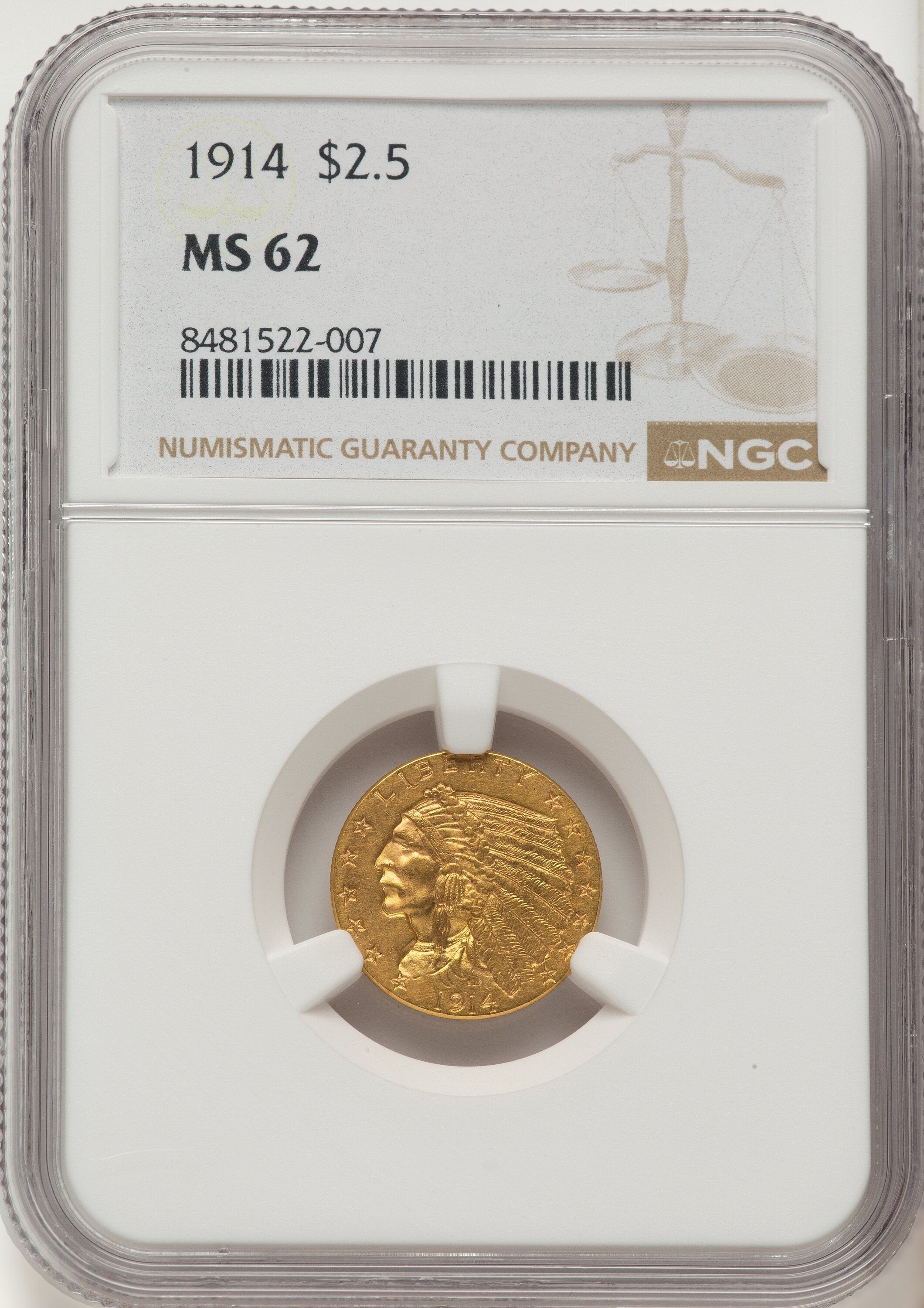 1914 $2.50 Indian Quarter Eagle NGC MS62