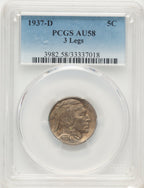 1937-D 5C Three-Legged Buffalo Nickel PCGS AU58