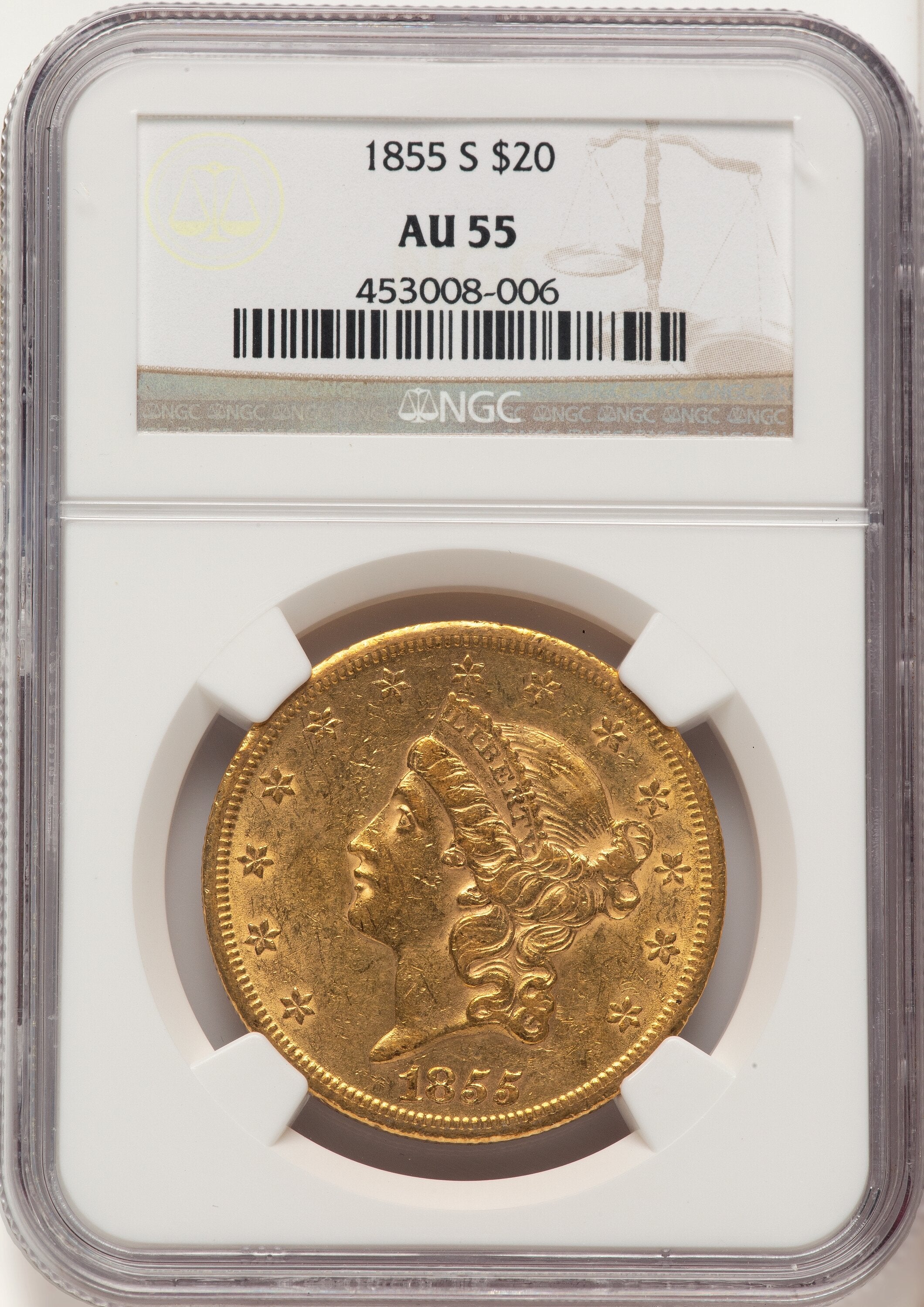 1855-S $20 Liberty Double Eagle NGC AU55