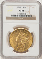 1858-S $20 Liberty Double Eagle NGC AU58