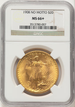 1908 $20 NO MOTTO Saint-Gaudens Double Eagle NGC MS66+