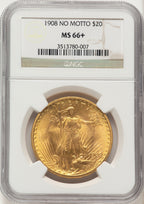 1908 $20 NO MOTTO Saint-Gaudens Double Eagle NGC MS66+