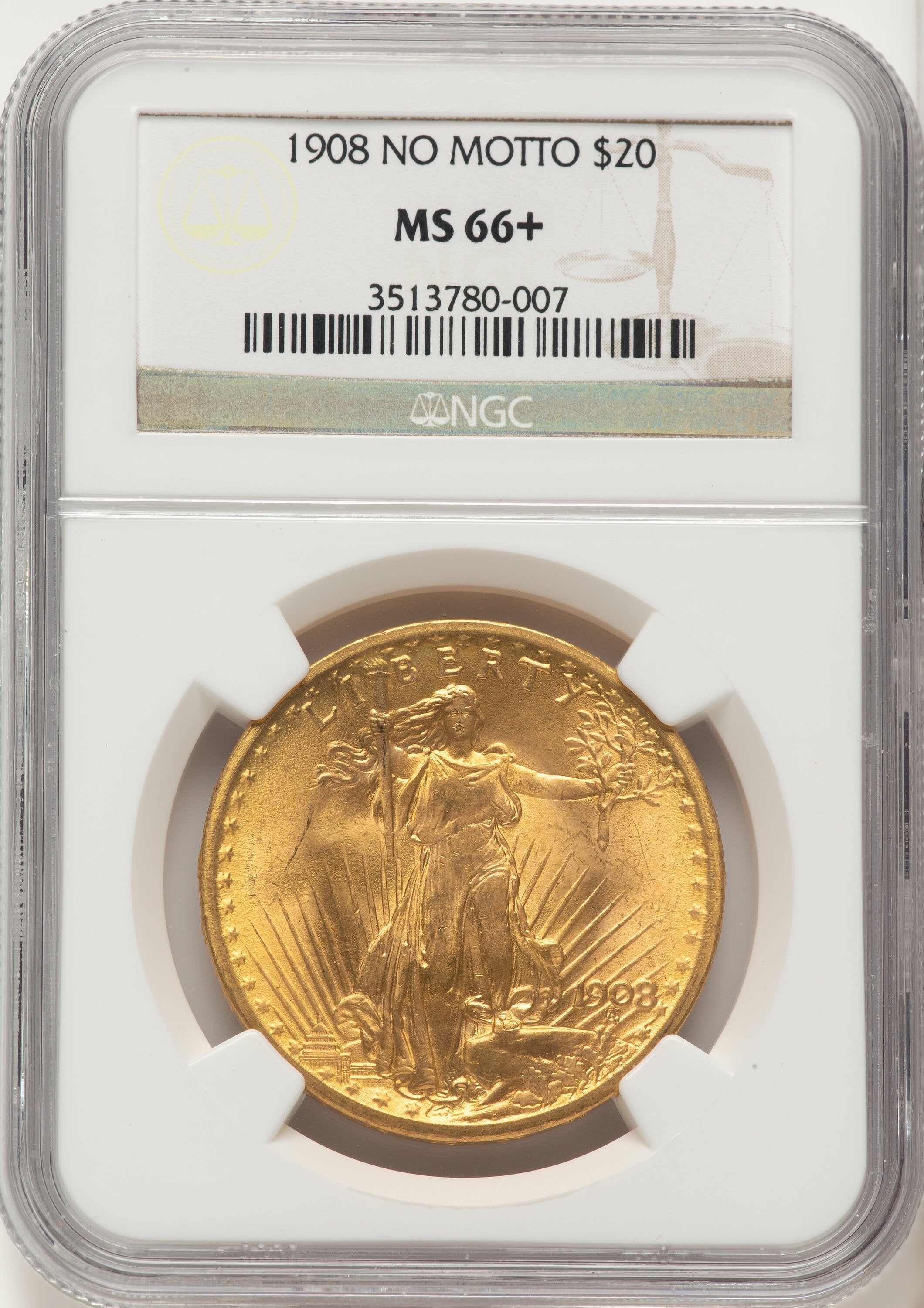 1908 $20 NO MOTTO Saint-Gaudens Double Eagle NGC MS66+