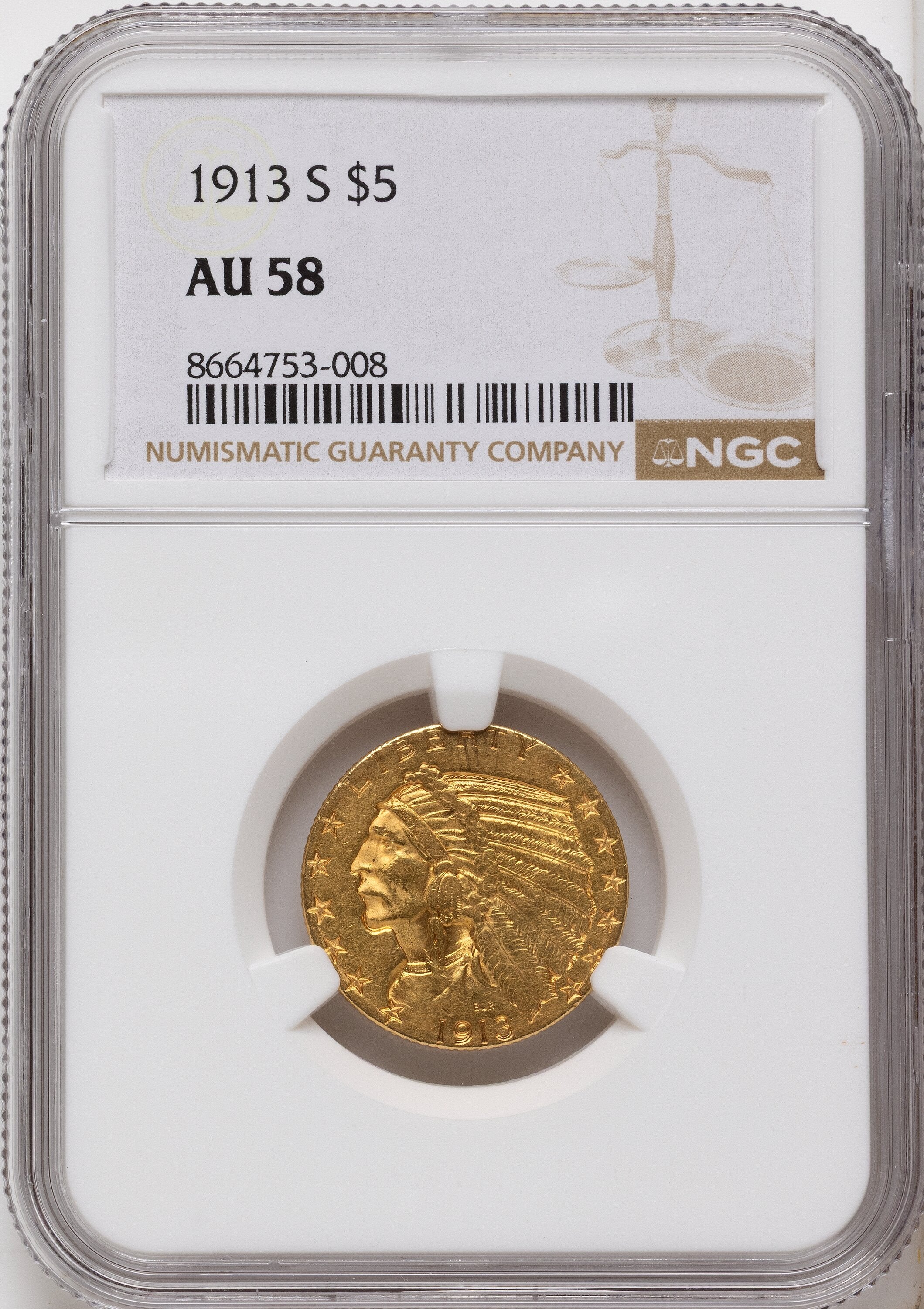 1913-S $5 Indian Half Eagle NGC AU58