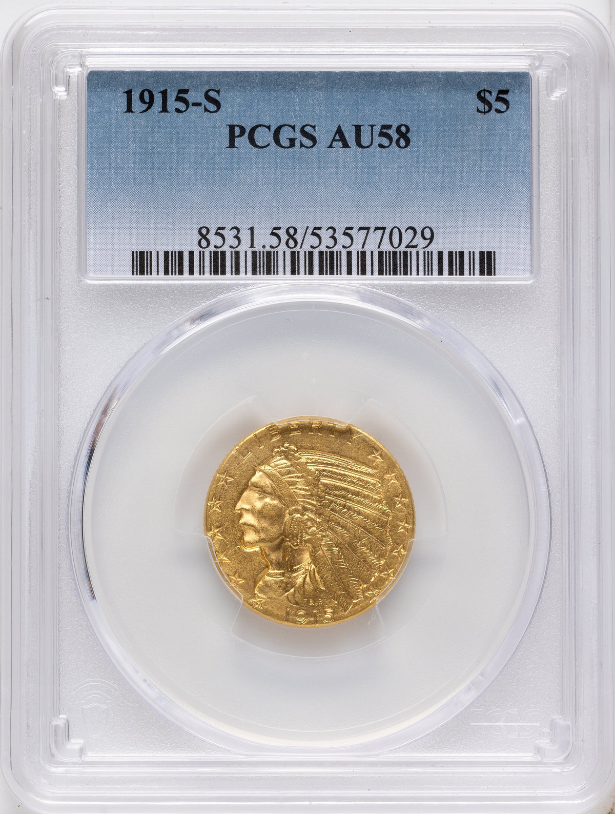 1915-S $5 Indian Half Eagle PCGS AU58