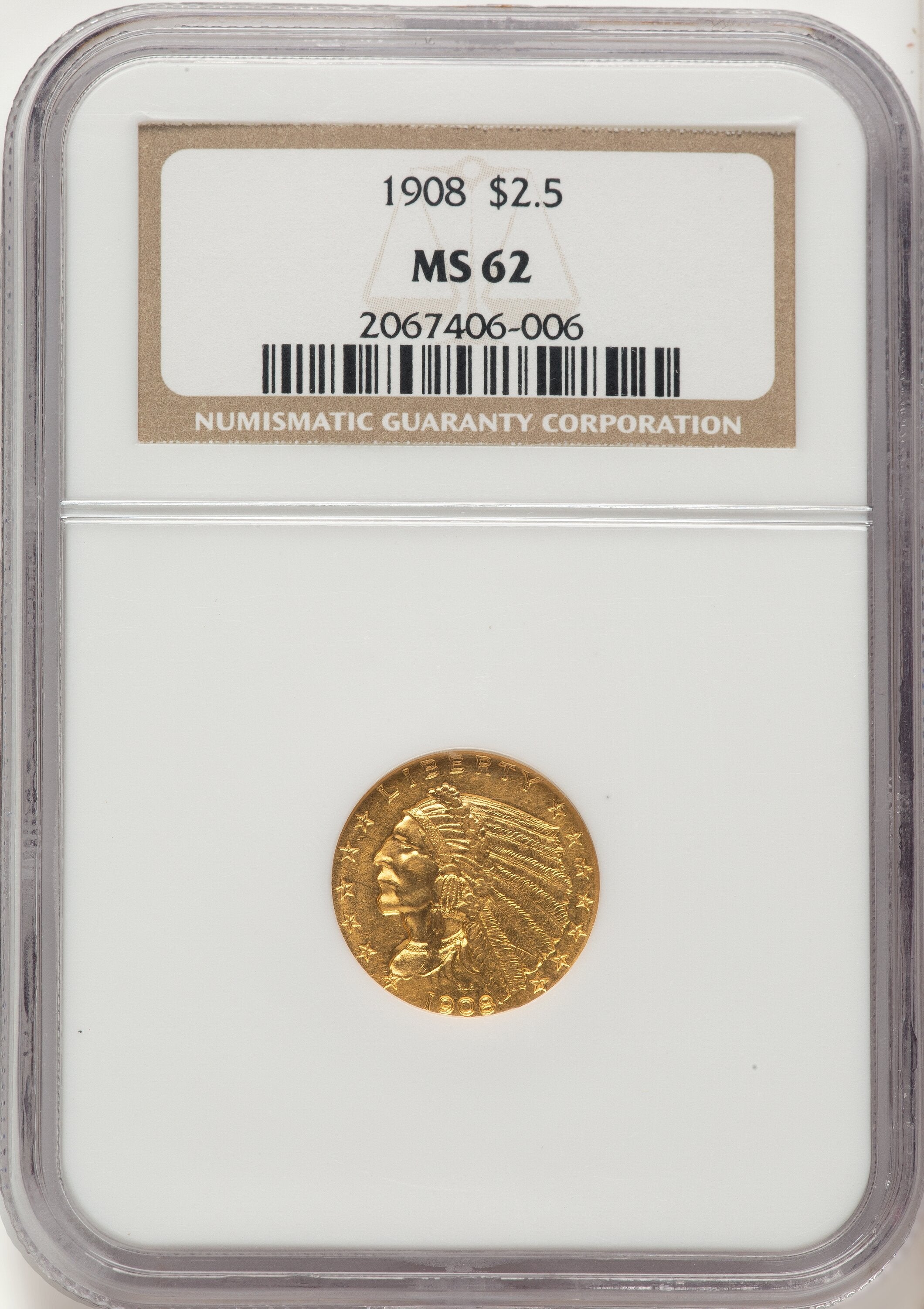 1908 $2.50 Indian Quarter Eagle NGC MS62