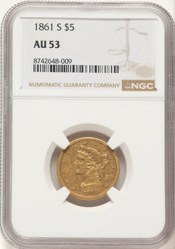 1861-S $5 Liberty Half Eagle NGC AU53